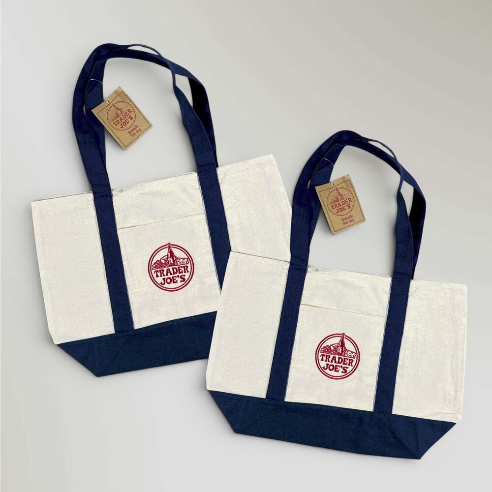Set of 2 - Trader Joe’s Large Canvas Tote Shopping Bags - NAVY BLUE New w/ Tags